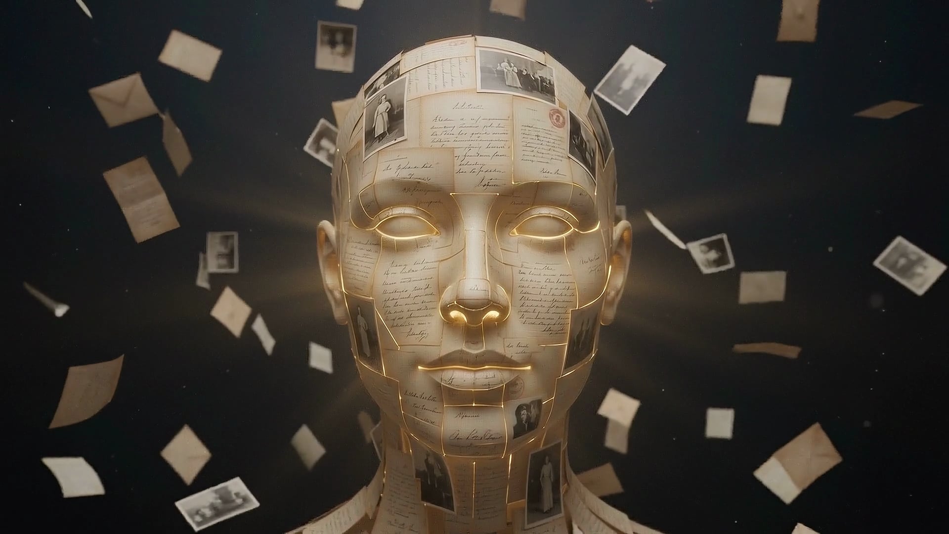 A face assembled from hundreds of letters, photographs, and records