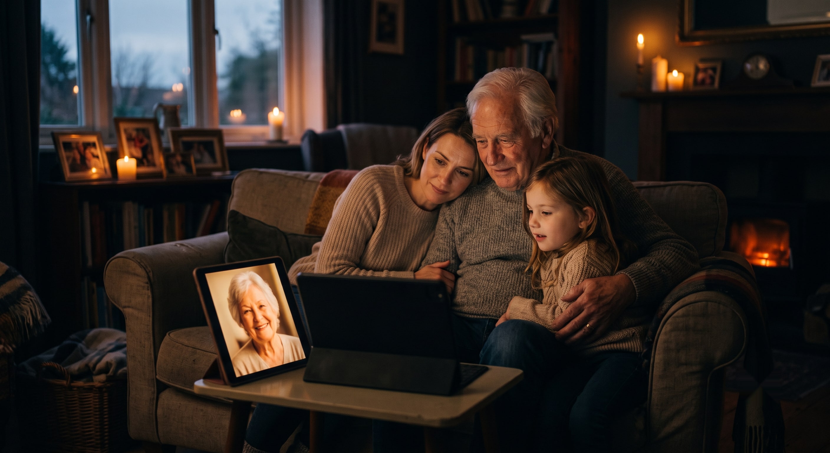 Three generations of a family on a sofa at dusk, gathered around a screen glowing with their grandmother's portrait