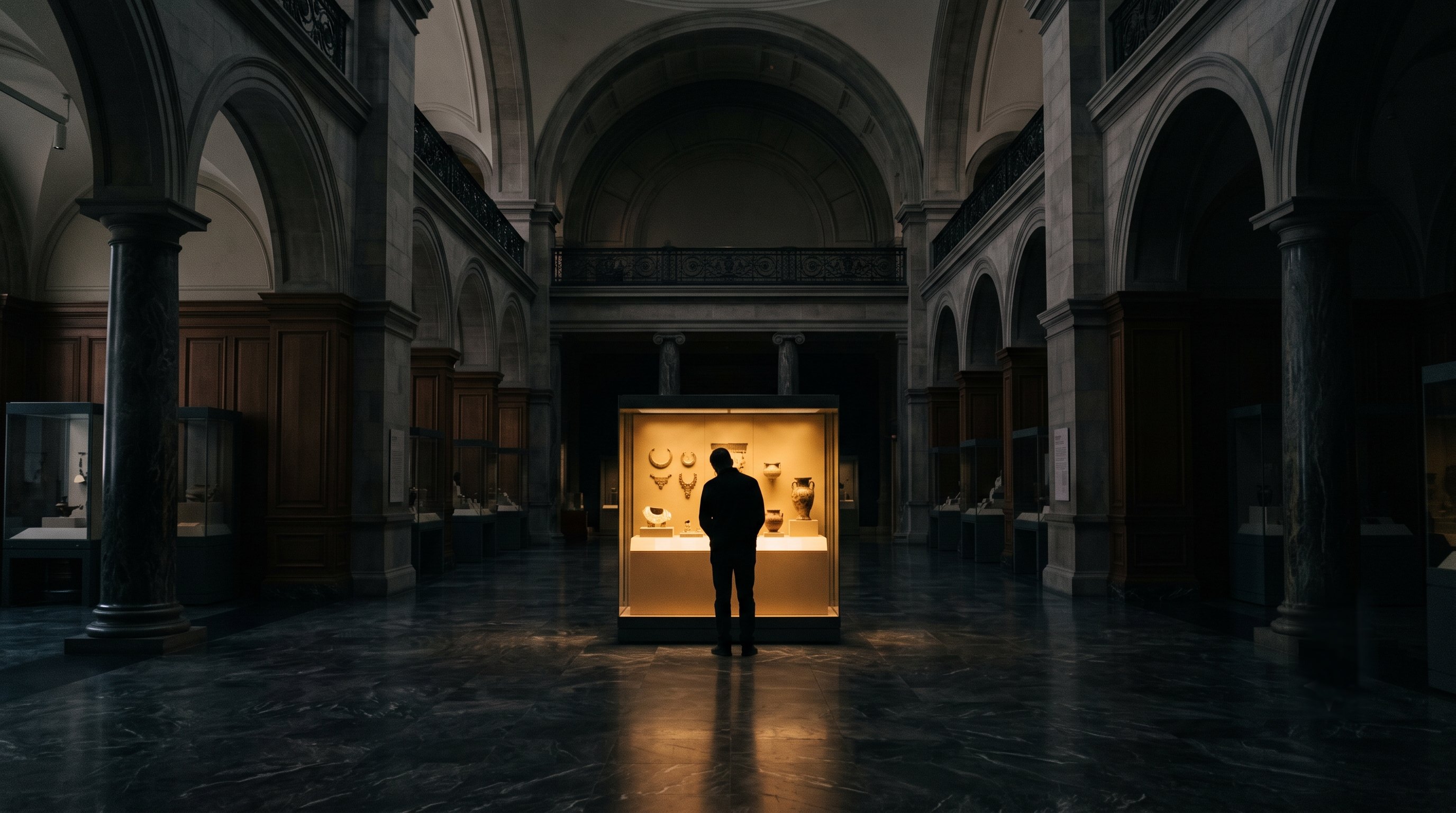 A visitor before a single glowing exhibit case in a dark museum hall
