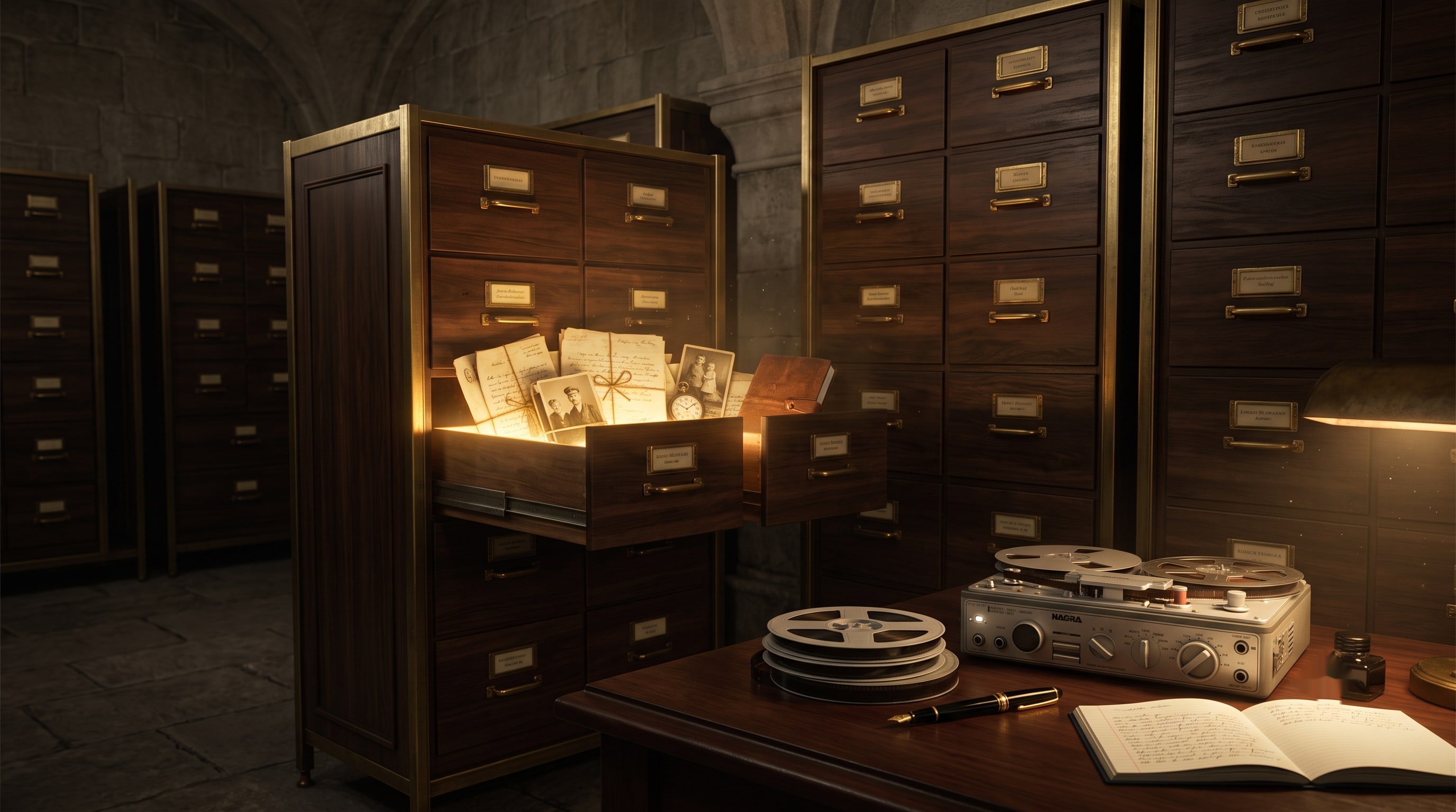 An archival vault of card-catalog drawers, one drawer open and glowing with photographs beside a desk with a reel-to-reel recorder and an open journal